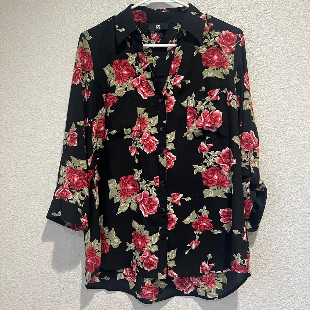 IZ Byer Black Rose Print Button Up Blouse, L